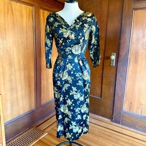 Vintage 50s 1950s Black Gold Brocade Wiggle Pencil Cocktail Dress Asian Inspired